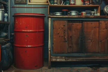Naklejka premium A red garbage can next to a shelf with objects on it. This image emphasizes cleanliness and organization.