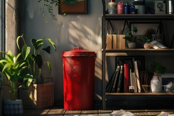 A red garbage can next to a shelf with objects on it. This image emphasizes cleanliness and organization.

