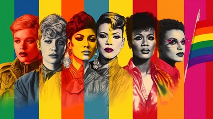 Obraz premium Collage art of historical LGBTQ icons layered with modern Pride flags, deep colors