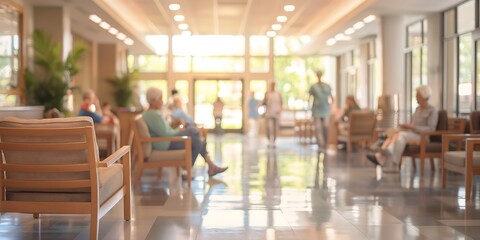 Nursing Home Supportive blurred background image of a nursing home with staff assisting elderly residents, comfortable seating, and a warm, inviting atmosphere. 