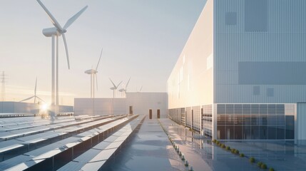 A modern eco-friendly factory with solar panels and wind turbines against a clear sky
