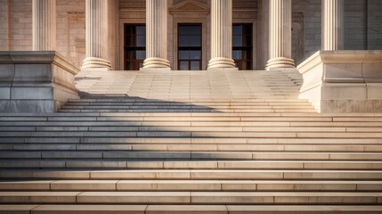 Elevated view of scales of justice, courthouse steps leading up to a majestic entrance