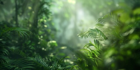 Obraz premium fern in the forest, Adventurous blurred background image of a rainforest expedition with researchers studying plants and wildlife, surrounded by thick foliage and flowering trees