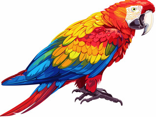 Fototapeta premium A colorful parrot is perched on a white background. The bird's vibrant colors and its pose create a lively and cheerful atmosphere