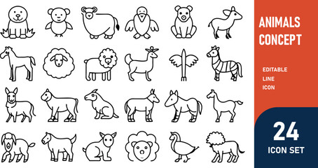 Animals related concept such as Dog, cat, horse,  pig, sheep, goat, chicken, bird, fish & many more editable stroke outline icons isolated on white background flat vector illustration
