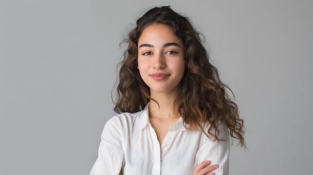Happy millennial woman , looking at camera, smiling. Confident female customer, young student girl, professional head shot portrait, on solid colored background