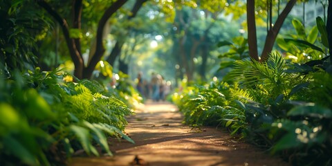 path in the forest, Urban Jungle Park Refreshing blurred background image of an urban jungle park with lush greenery, walking paths, and people enjoying nature in the middle of a city. 