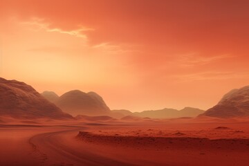 Martian landscape, distant hills, red sands in twilight, serene mood