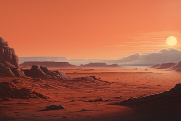 Martian landscape, distant hills, red sands in twilight, serene mood