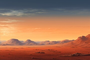 Naklejka premium Martian landscape, distant hills, red sands in twilight, serene mood