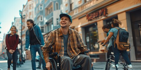 Obraz premium A disabled man enjoying leisure time with companions in an urban setting. Companionship among males.