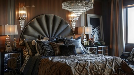 Opulent and Captivating Bedroom Interior with Ornate Chandelier and Textured Furnishings