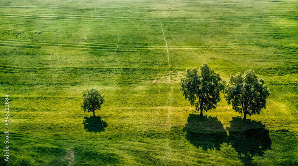 Aufkleber grassy field with three trees in the middle of the field and trail in the middle of the field.