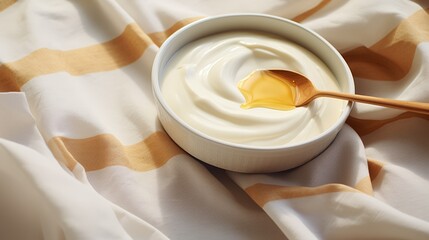 Top view of creamy vanilla yogurt in a white bowl, drizzled with honey, soft morning light