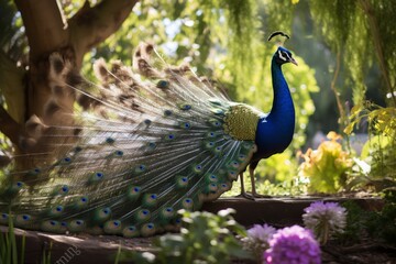 Obraz premium Wide shot of a peacock in a lush garden, feathers fanned, midday sunlight