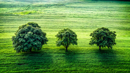 Three trees in the middle of green field with blue sky in the background.