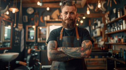 Confident Male Barber at Work, Professional Environment, Diverse Workforce, Corporate Photography, Team Collaboration, Engaged Employees, Authentic Work Settings.