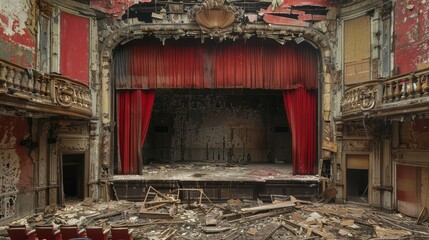 A decaying theater stage with torn curtains and broken seats, remnants of past performances scattered around, evoking a sense of forgotten grandeur