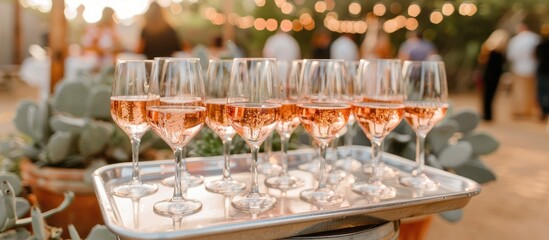 Tray of glasses filled with refreshing rose sparkling wine for guests at a sunny outdoor wedding reception