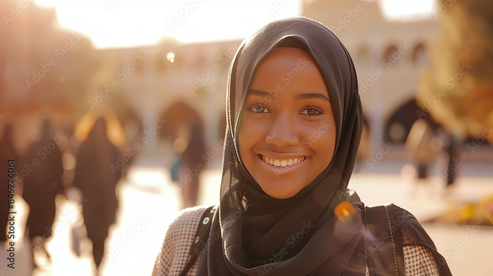 Wall mural Black girl student smiling in a hijab at school, wide angle shot, ultra realistic photo render in the style of Sony Alpha A7 III camera, golden hour lighting with a school background and people walkin - Wall murals