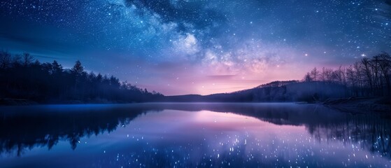 Fototapeta premium A tranquil lake under a star-filled sky, the still water reflecting the celestial scene, capturing the peaceful essence of nature's confines