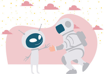 The astronaut is greeting with an alien.