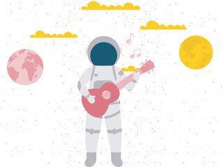 The astronaut is playing guitar in space.