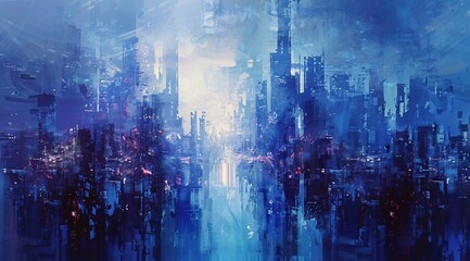 modern abstract blue cityscape in the style of watercolor painting, shiny foil and metallic accents reflection on a white background. generative AI