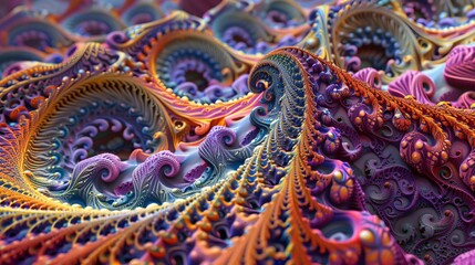 Obraz premium Abstract fractal pattern, self-replicating forms with intricate recursive details, vibrant colors creating a mesmerizing endless exploration