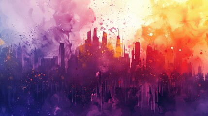Fototapeta premium Abstract watercolor of futuristic cartoon cities, colorful paint splashes giving depth and movement to the background