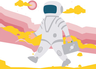 The astronaut man is walking in the space.