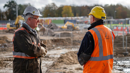 Two construction workers in safety gear discussing plans at a busy construction site with machinery in the background.