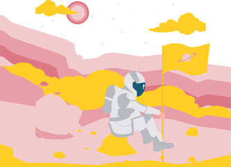 The astronaut planting a flag on a planet.