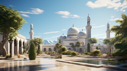 Obraz premium Tranquil Mosque Oasis: Serene Courtyard with Majestic Minaret and Dome under Clear Blue Sky