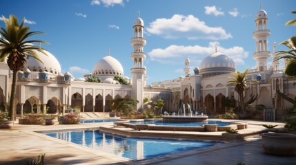 Naklejka premium Tranquil Mosque with Majestic Minaret and Dome in Serene Courtyard under Clear Blue Sky - Realistic Photography of Spiritual Beauty