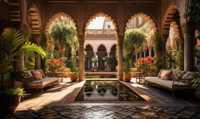 Obraz premium A traditional Islamic courtyard with lush gardens and a central fountain, surrounded by beautifully designed arches. Realism, Photography, Natural colors, Tranquil and elegant