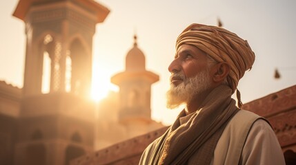 Islamic Call to Prayer: Reverent Adhan by Muslim Man in Traditional Attire from Mosque Minaret under Clear Sky