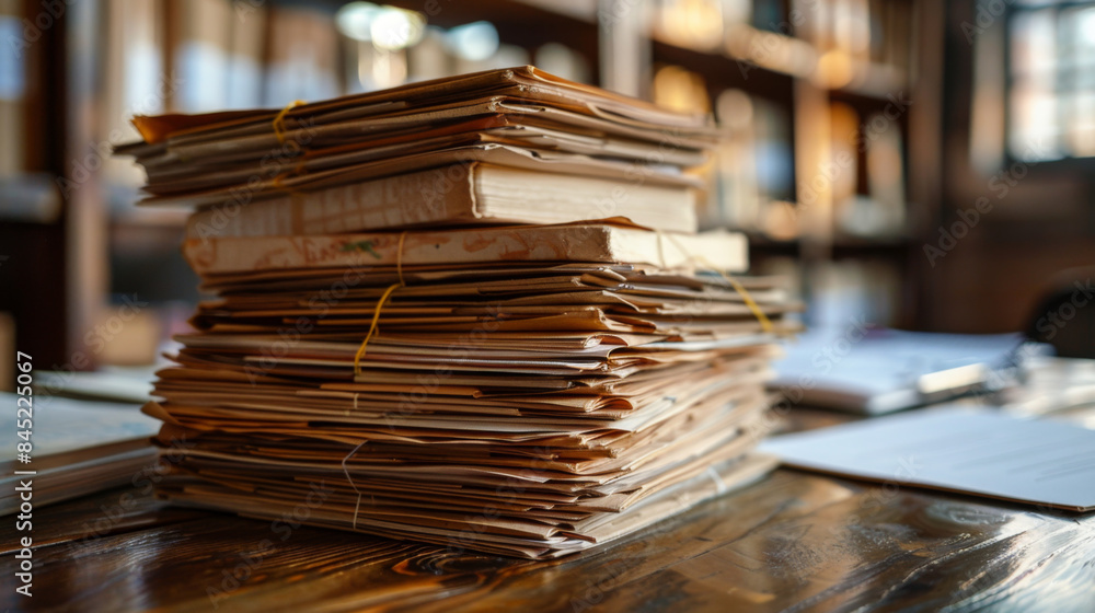 Poster stacks of old paperwork tied with string, resting on a wooden table in a library or archive setting.