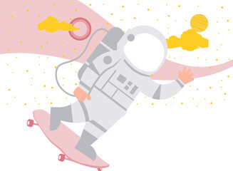 The spaceman is skating in space.
