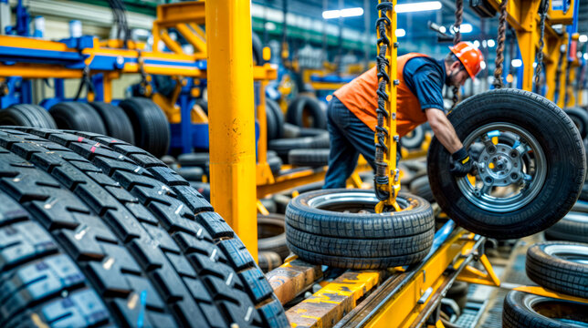 Man working on car tire in factory with other workers in the background.