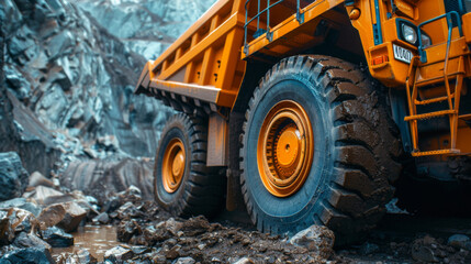 Fototapeta premium Large heavy-duty dump truck navigating through a rocky quarry, highlighting the mining and construction industry.