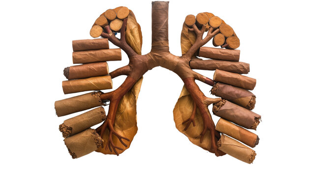 Lungs made of cigarettes and tompus on white isolated transparent background