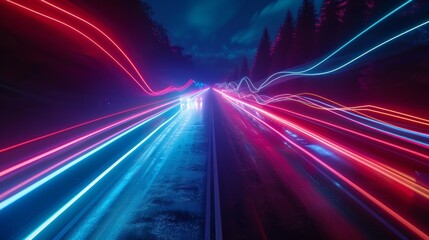 Highway road with neon light trails at night, long exposure, speed effect