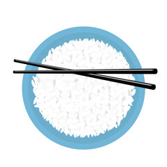 Rice bowl with chopsticks isolated on white background. Rice bowl top view vector.