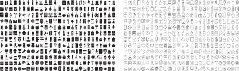 Each icon represents a unique  modern digital devices such as smartphones and laptops to more abstract symbols books, bags, and musical notes are also included in this eclectic mix.