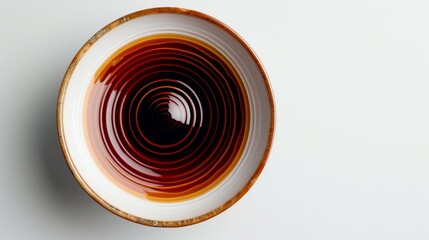 Artistic top view of soy sauce poured into concentric circles, creating a striking pattern, isolated on a white background, studio lighting