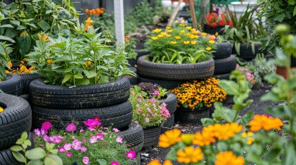 Artistic garden using repurposed tires as planters, filled with colorful flowers, eco-friendly and vibrant