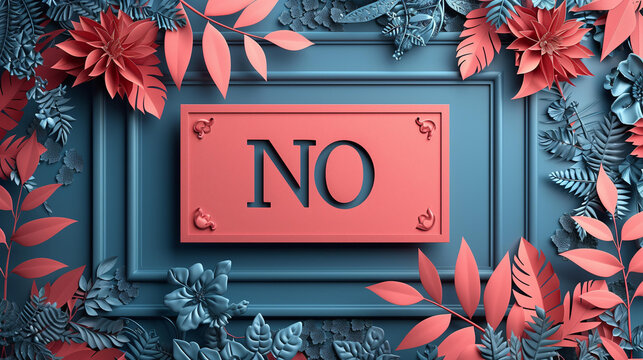Surrounded by lush floral frame word NO stands out in bold red creating sense prohibition refusal, digital art feminine graphic design