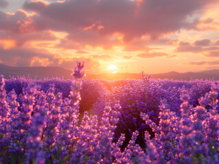 a field of purple flowers in the sunset hour, with a cloudy sky and the sun setting in the background.