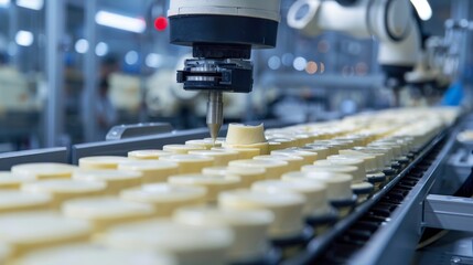 Naklejka premium Automated factory line with robots crafting Hollandaise sauce, pristine and secure environment, modern and efficient setup